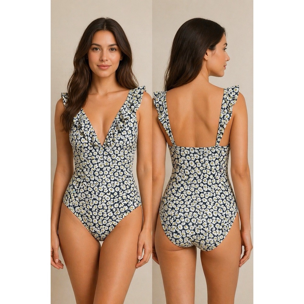 J. Crew Women's XL Daisy Floral One Piece Swimsuit Ruffle V Neck Navy